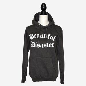 Beautiful Disaster Pullover Hoodie M Spell Out Gothic Font Charcoal Gray *Flaw